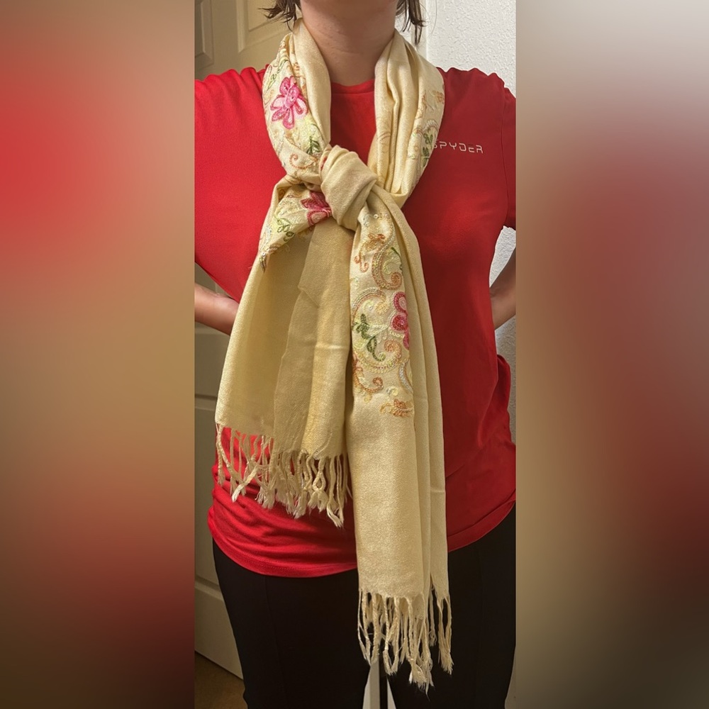 Authentic Scarf from Mexico.100% polyester.Adorned w/amazing stitching & sequins